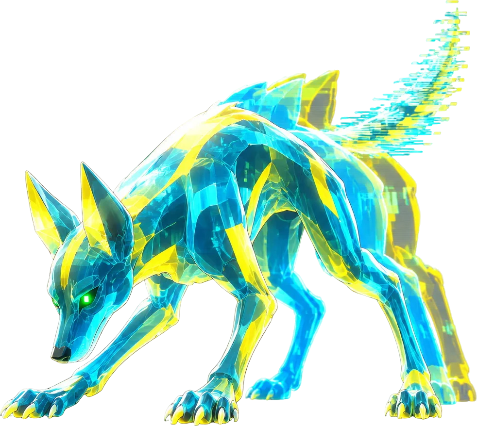 Loopdog, anjing dari cahaya video biru dan kuning, merunduk siap menerkam.
