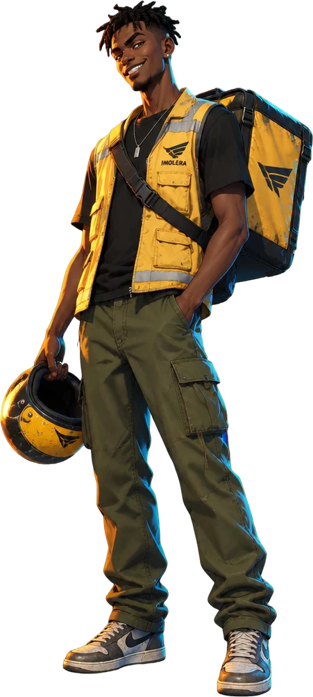 Kayode Adesokan berdiri santai dengan rompi kurir kuning, helm di tangan, tas antaran di punggung.