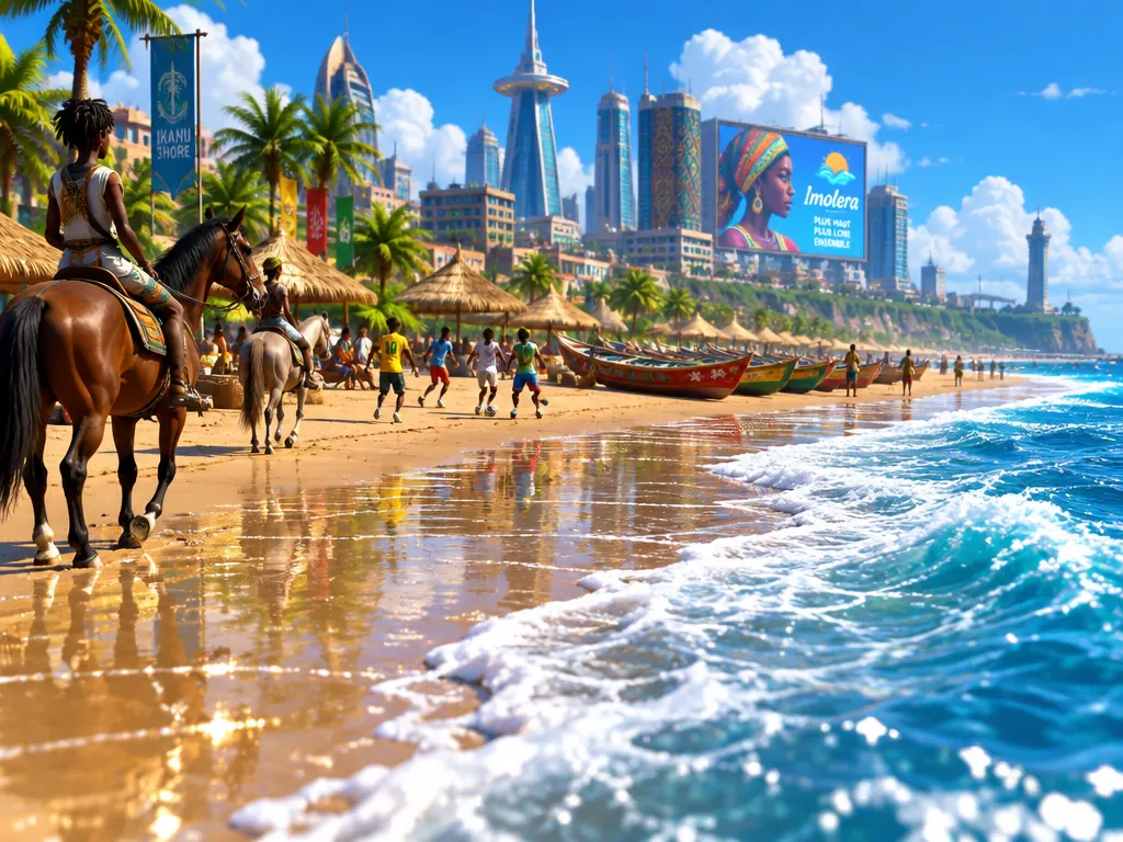 Pantai Atlantik di tepi kota dengan ombak, kuda tunggang, kano nelayan berwarna, dan papan iklan menghadap laut.