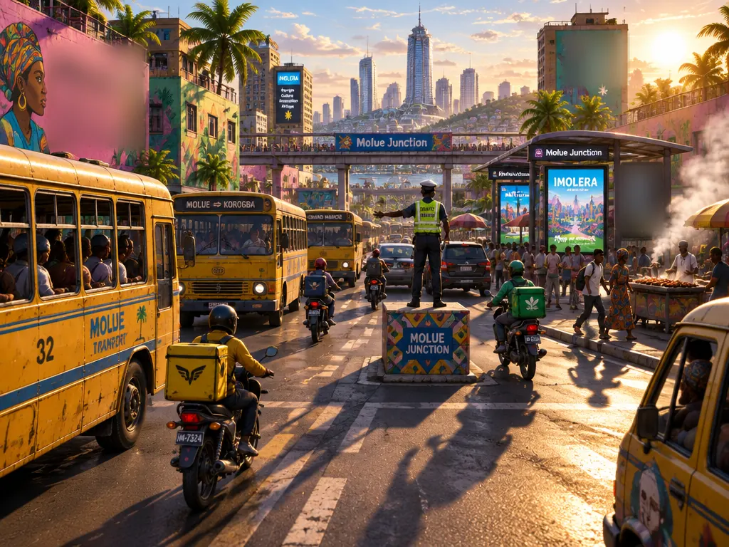 Persimpangan sibuk saat sore, bus kuning panjang, kurir motor, dan petugas lalu lintas di atas kotak bercat.