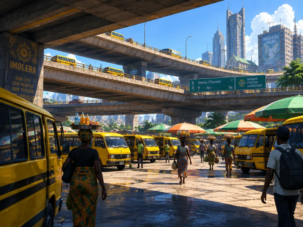 Tiga lapis jalan layang di atas terminal bus kuning, pedagang membawa nampan di kepala.