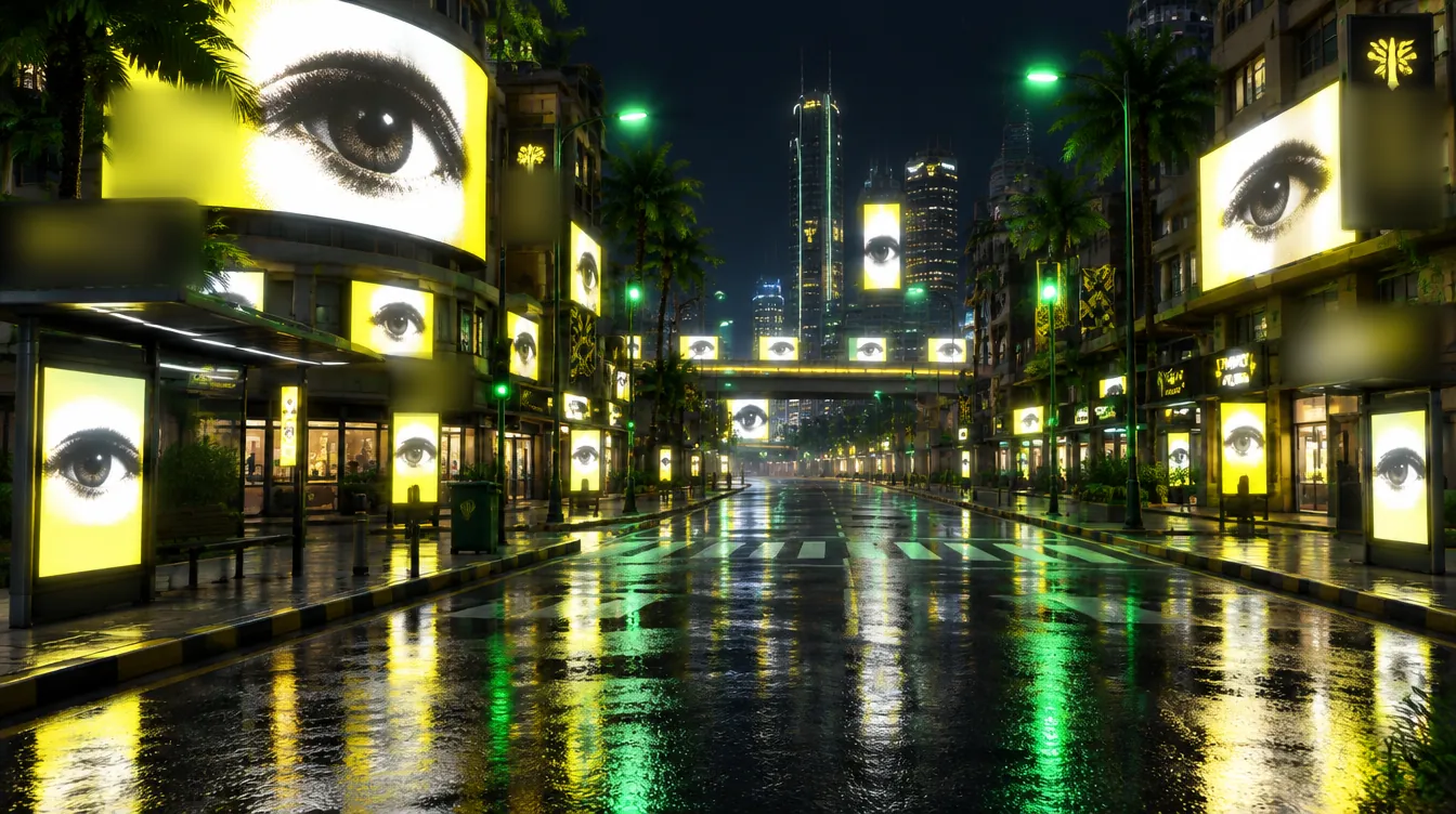 Jalan basah Imolera tengah malam, semua papan iklan dan layar halte menampilkan satu mata gelap yang sama.