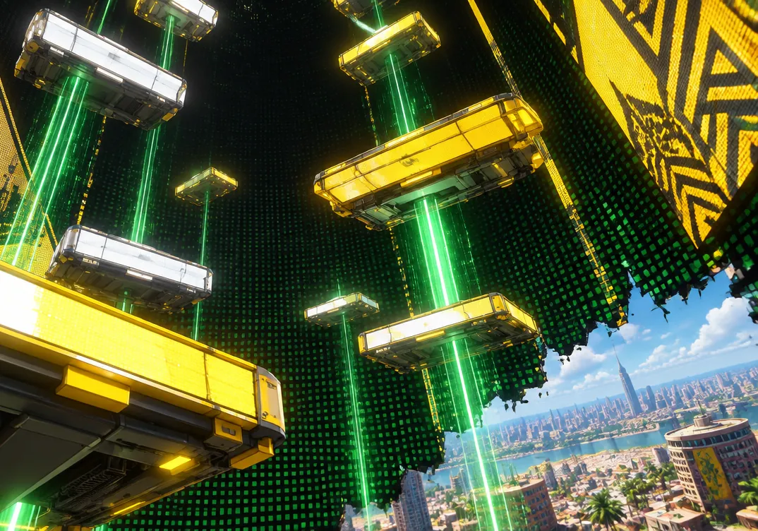 Arena vertikal di dalam papan iklan: platform LED kuning dan putih melayang, disambung sinar sinyal hijau, kota siang terlihat dari sobekan layar.
